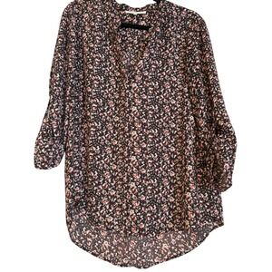 Daniel Rainn Floral V-Neck Roll Tab Sleeve Blouse Blk Red White Large Z14105PR1